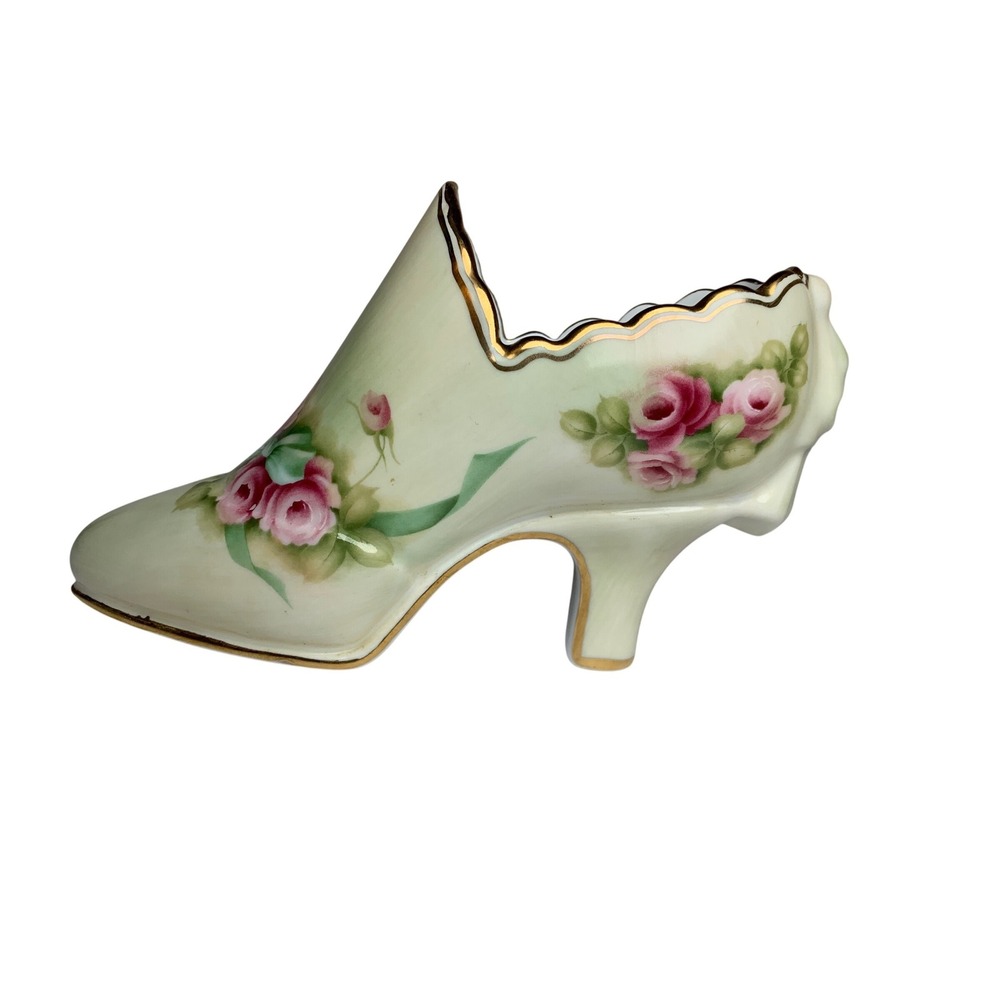 Vintage Burton &‎ Burton Porcelain Shoe Figurine Rose Floral Gold Trim Chic